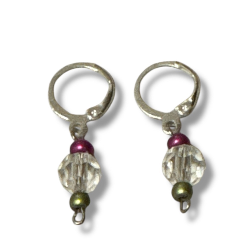 3 FOR $10 HANDCRAFTED Clear Crystal Fuschia & Green Seed Beaded Hoop Earrings